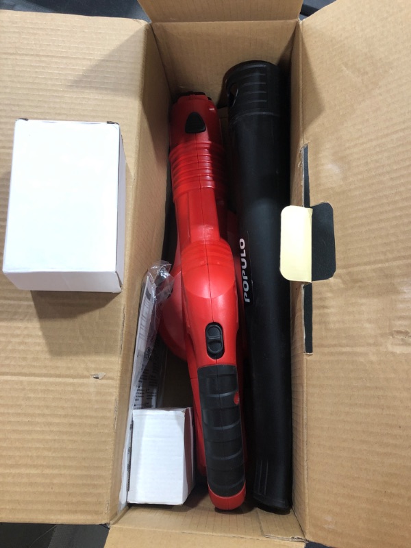 Photo 2 of 20V Compact Electric Blower Kit, POPULO 150mph Wind Speed for Cleaning Workshop, Garage, Inflating Air Mattress, Cordless Leaf Blower for Small Patio Areas, Included Battery and Charger 21inch