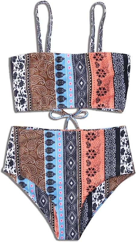 Photo 1 of AKYORA Women Boho Bikini High Waisted Swimsuits Spaghetti Straps Swimwear Tie Closure Bathing Suits Two Pieces Beachwear XL