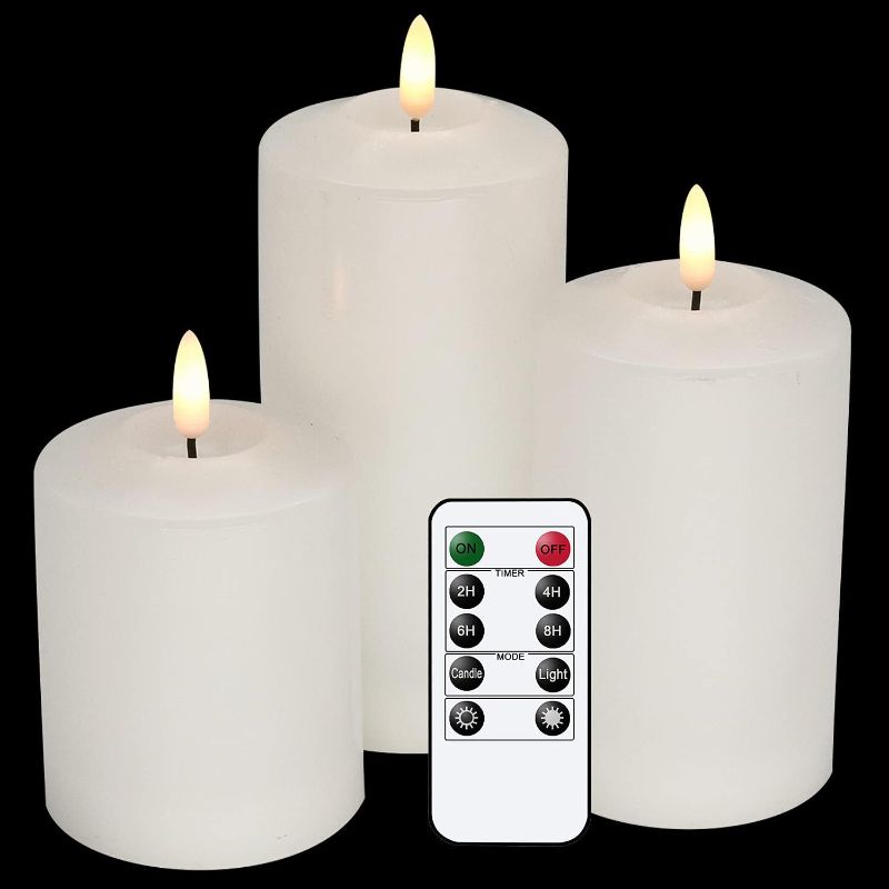 Photo 1 of 3D Wick Flameless Flickering Candles Battery Operated with Remote Timer, Real Wax Pillar LED Votive Candles Warm Light, Set of 3 Party/Wedding/Home Decor(White, D3” x H4.6” 5.8” 6.8”)