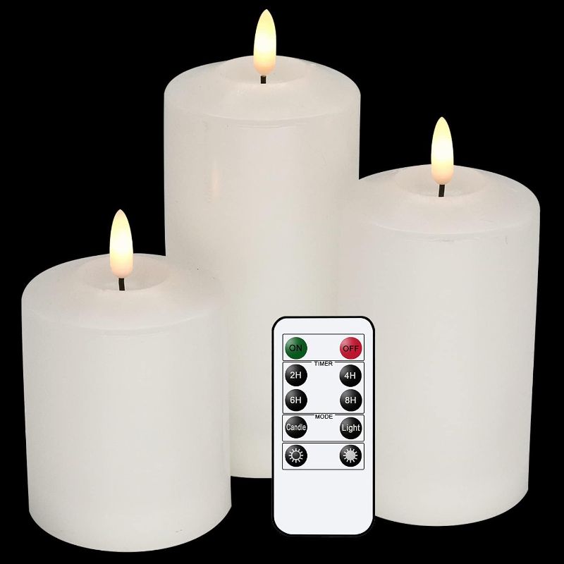 Photo 1 of 3D Wick Flameless Flickering Candles Battery Operated with Remote Timer, Real Wax Pillar LED Votive Candles Warm Light, Set of 3 Party/Wedding/Home Decor