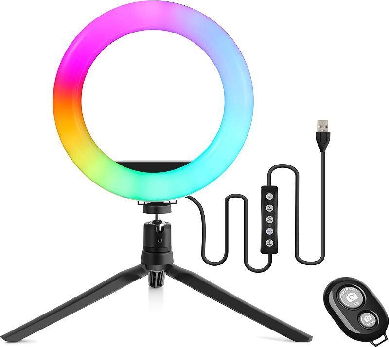 Photo 1 of 8'' RGBW Led Ring Light with Tripod Stand - Selfie Ring Light with Cellphone Holder for Online Teaching/TikTok/Live Stream/Photography/Makeup Compatible with iPhone X/XR/XS Samsung/Pixel

