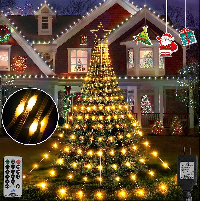 Photo 1 of Hezbjiti Christmas String Lights Outdoor Decoration Star Waterfall ,352 LEDs 11.5 FT Outdoor Waterproof Decoration Lights with Star Topper, 8 Lighting Modes Waterfall Lights for Tree Decor