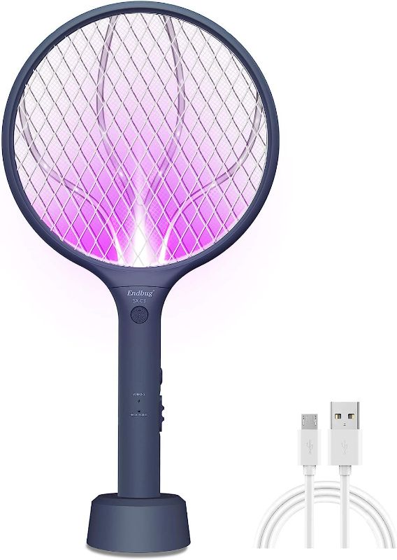 Photo 1 of Endbug Electric Fly Swatter Rechargeable, 2 in 1 Bug Zapper Racket Rechargeable with Stand, Mosquito Fly Zapper USB Charging for Indoor Bedroom, Kitchen, Patio
