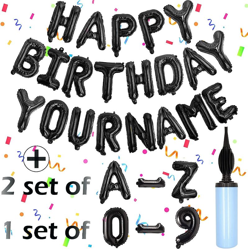 Photo 1 of 76pcs Happy Birthday Balloon Banner, Black Balloons Letters, Personalized 16" Mylar Foil Birthday Decorations includes 2 Sets A- Z, 1 set Number 0-9 and "HAPPY BIRTHDAY" letters (with Balloon Pump)
