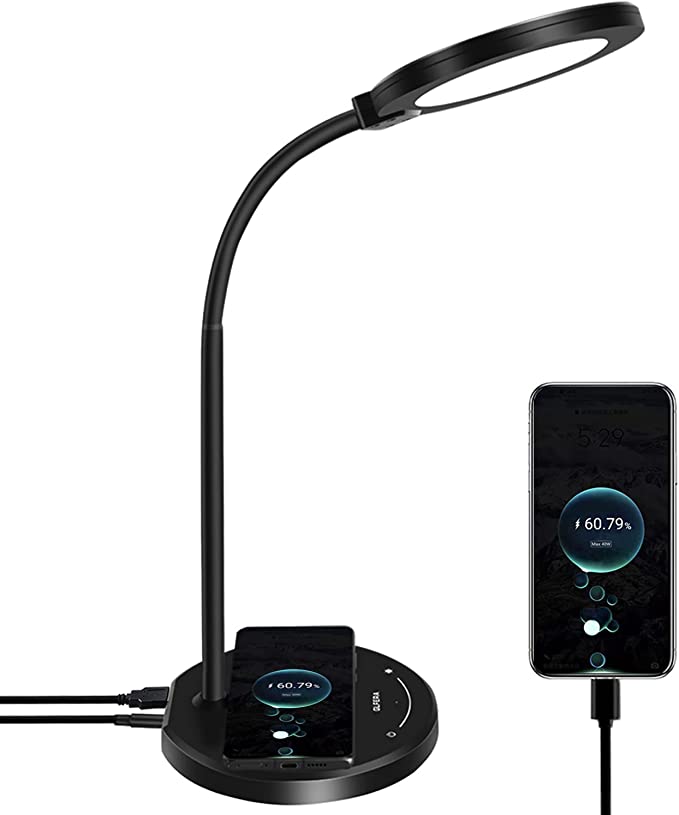 Photo 1 of GLFERA Desk Lamp with Wireless Charger, LED Desk lamp with USB Charging Port, 5 Lighting Modes 10 Brightness Levels, Sensitive Control Eye-Caring Office Lamp Black