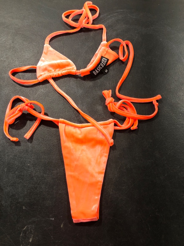 Photo 1 of BASIC BXXCH TWO PIECE SWIMSUIT SIZE M 
NOT ORANGE A NEON PINK AND VELVET TEXTURE 