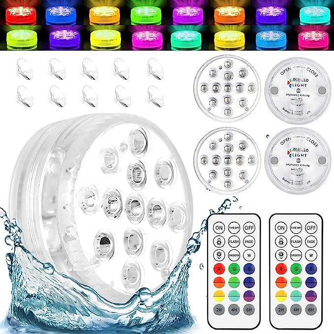 Photo 1 of 4 Pack Submersible Led Lights, Waterproof Hot Tub Lights with RF Remote, 16 Colors Changing Pool Lights with 2 Magnets Suction Cups, Battery Operated Underwater Pond Light for Pool Party Vase Aquarium