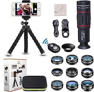 Photo 1 of 15 in 1 Universal Phone Camera Lens Kit 18X Telephoto Lens Wide Angle Lens,Macro Lens, Fisheye Lens,Kaleidoscope 3/6 Lens, CPL/Flow/Star/Radial Filter, Tripod, Remote Shutter for Most of Smartphone