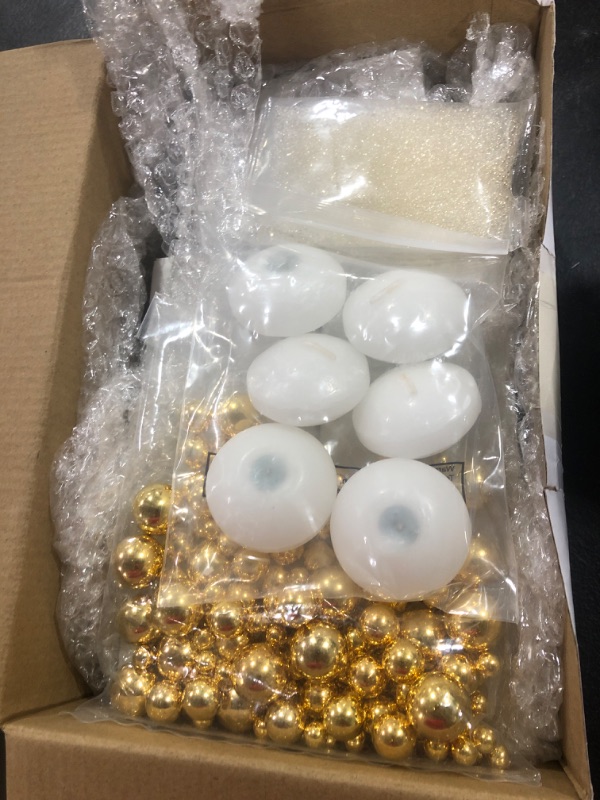 Photo 2 of 3 Pcs Glass Cylinder Vase with 6 Pcs White Floating Disc Candles Glass Flower Vase Centerpieces with 150 Pcs Faux Gold Pearls Transparent Water Gel Beads Vase Fillers for Wedding Home