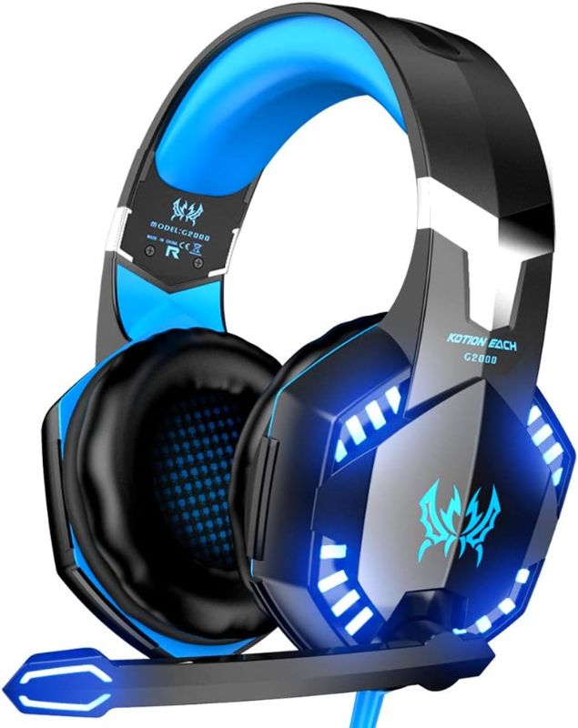 Photo 1 of VersionTECH. G2000 Gaming Headset, Bass Surround Gaming Headphones with Noise Cancelling Mic, LED Lights, Soft Memory Earmuffs for PS5/ PS4/ Xbox One Controller/Laptop/PC/Mac/Nintendo NES Games-Blue
