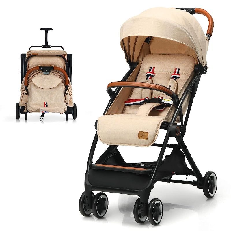 Photo 1 of BABY JOY Lightweight Baby Stroller, Compact Toddler Travel Stroller for Airplane, Infant Stroller w/ 5-Point Harness, Adjustable Backrest/Footrest/Canopy, Storage Basket, Easy One-Hand Fold, Beige
