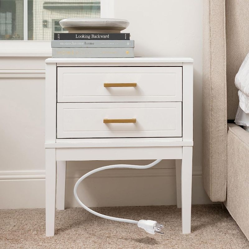 Photo 1 of 2 Drawer Nightstand with Charging Station - Mid Century Modern Nightstand with Polished Gold Handles, 2 USB Ports & 2 Outlets - Multifunctional Smart Bedside Table for Your Home - 24" Tall (White)
