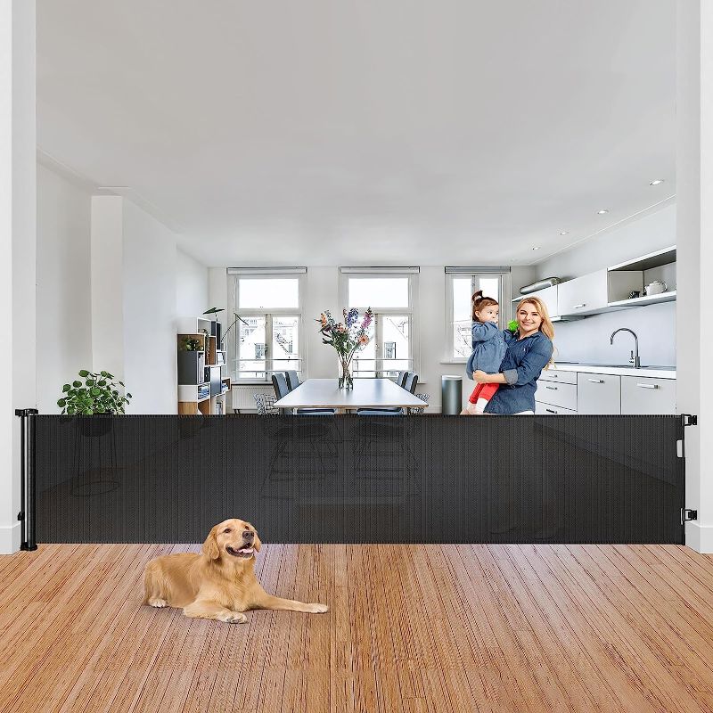 Photo 1 of 130 Inch Extra Wide Retractable Gate for Extra Wide Openings Pet Gates for Dogs Indoor Retractable Baby Gates Outdoor Retractable Dog Gate Long Baby Gate Large Dog Gate for Stairs, Doorways, Black
