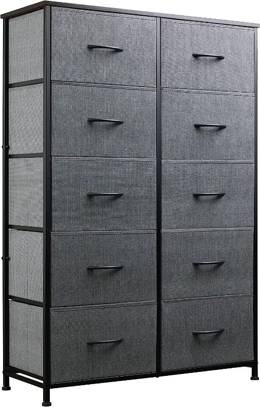 Photo 1 of 10-Drawer Dresser, Fabric Storage Tower for Bedroom, Hallway, Nursery, Closets, Tall Chest Organizer Unit with Textured Print Fabric Bins, Steel Frame, Wood Top, Easy Pull Handle, Dark Grey