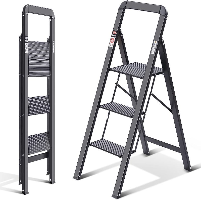 Photo 1 of  Step Ladder, Aluminum Lightweight Folding Step Stool with Utility Handle,3 Anti-Slip Steps,Wide Platform,Great for Your Kitchen, Pantry, Closets, or Home Office,Modern Stool, Indoor