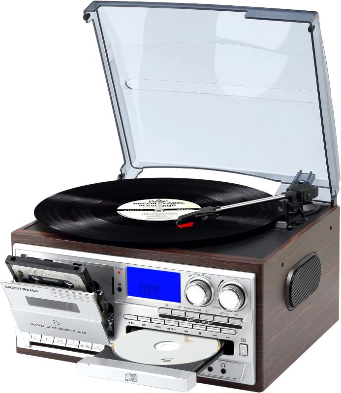 Photo 1 of MUSITREND Record Player 9 in 1 3 Speed Bluetooth Vintage Turntable CD Cassette Vinyl Player AM/FM Radio USB/SD Encoding Aux-in RCA Line-Out (Silver)
