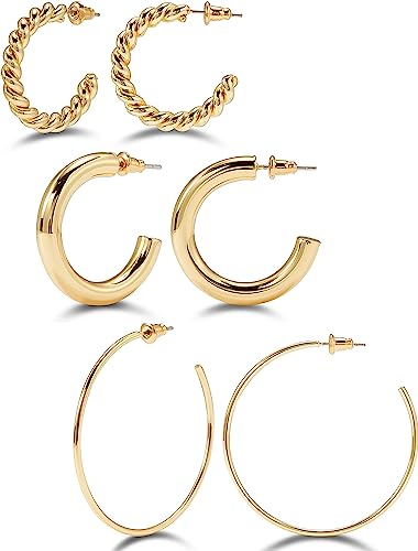 Photo 1 of Gold Hoop Earrings Set Women: 14k Plated Hypoallergenic Open Chunky Jewelry Girls Large Thick - Big Thin Lightweight Stainless Steel Golden Loop Earring Pack, with necklace and bracelet
