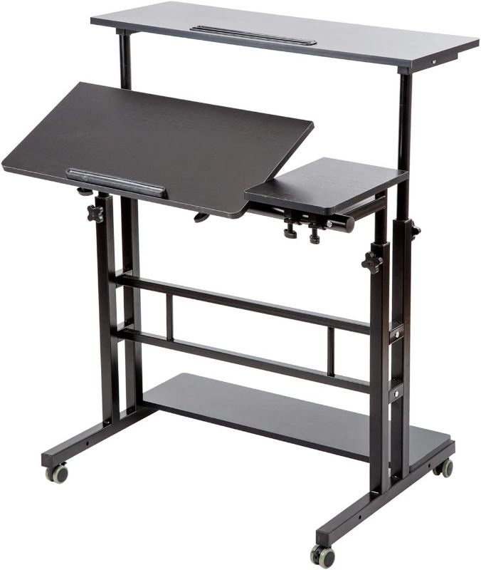 Photo 1 of SIDUCAL Mobile Stand Up Desk, Adjustable Standing Desk with Lockable Wheels Storage Computer Desk Home Office Workstation, Portable Rolling Desk Laptop Cart for Standing or Sitting, Black
