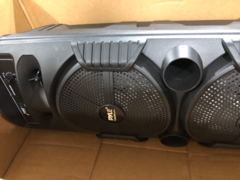 Photo 2 of Pyle Portable Bluetooth PA Speaker System - 600W Rechargeable Outdoor Bluetooth Speaker Portable PA System w/ Dual 8” Subwoofer 1” Tweeter, Microphone In, Party Lights, USB, Radio, Remote - PPHP2835B