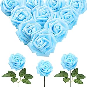 Photo 1 of IPOPU 30pcs Baby Blue Roses Foam Flowers Artificial Roses with Stems, Fake Roses with Fake Flowers for DIY Wedding Bouquets Baby Shower Centerpieces Floral Party Home Décor (Light Blue)
