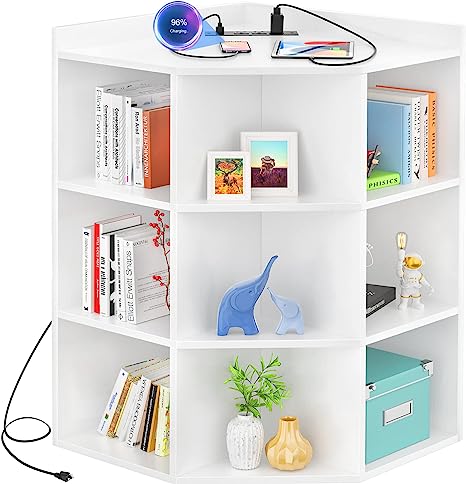 Photo 1 of Aheaplus Corner Cabinet, White Corner Storage with USB Ports and Outlets, Corner Cube Toy Storage for Small Space, Wooden Cubby Corner Bookshelf with 9 Cubes for Bedroom, Living Room, Office, White
