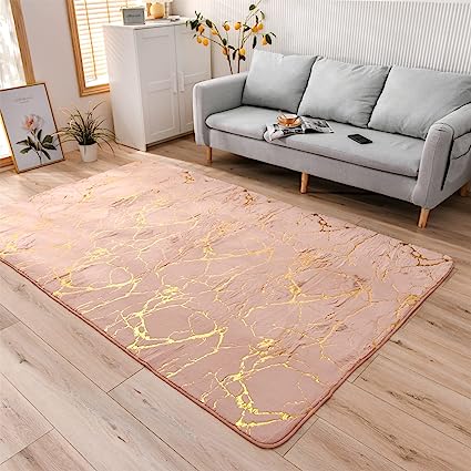 Photo 1 of Aimuan Pink Rug Soft Gold Marble Metallic Glitter Area Rug Nursery for Princess Prince Modern Faux Rabbit Fur Mat Fluffy Plush Velvet Home Carpet Throw Rug Non-Skid Dots Backing (Pink, 5×8ft)
