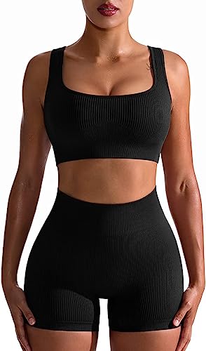 Photo 1 of [Size L] OQQ Workout Outfits for Women 2 Piece Seamless Ribbed High Waist Leggings with Sports Bra Exercise Set… 