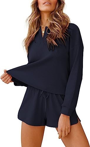 Photo 1 of [Size M] Lingswallow Women Waffle Lounge Sets - Long Sleeve and Shorts Pajama Set Two Piece Outfits for Women Sweatsuits loungewear Small Long Sleeve Navy Blue