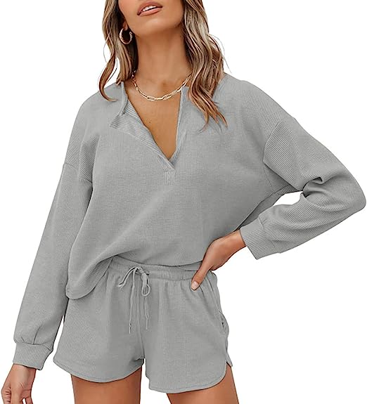 Photo 1 of [Size L] Lingswallow Women Waffle Lounge Sets - Long Sleeve and Shorts Pajama Set Two Piece Outfits for Women Sweatsuits loungewear Small Long Sleeve - Grey