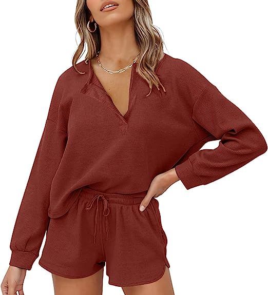 Photo 1 of [Size L] Lingswallow Women Waffle Lounge Sets - Long Sleeve and Shorts Pajama Set Two Piece Outfits for Women Sweatsuits loungewear- BrickRed