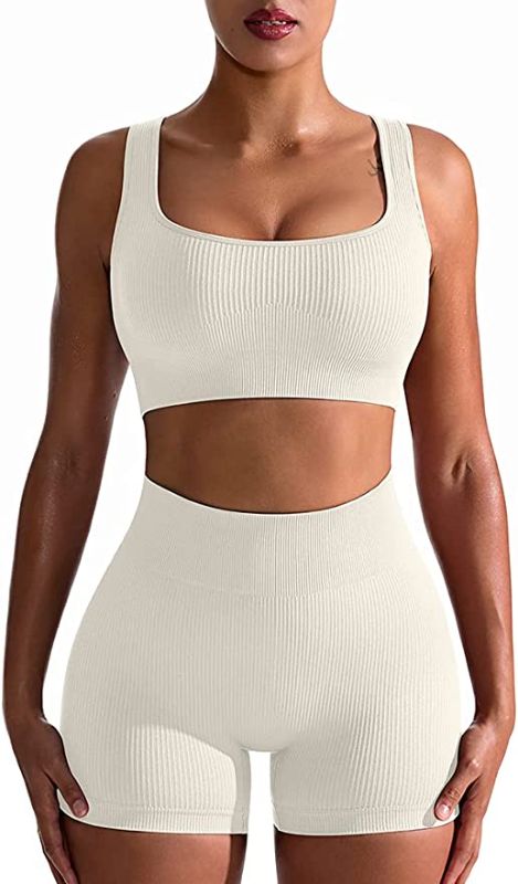 Photo 1 of [Size S] OQQ Workout Outfits for Women 2 Piece Ribbed Seamless High Waist Leggings with Crop Tank Top Exercise Set Beige2