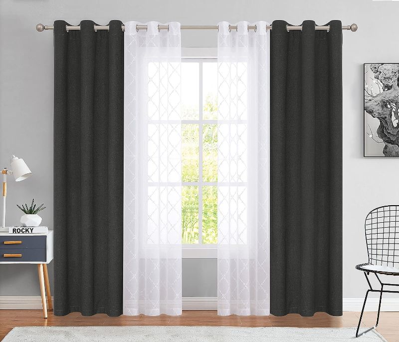 Photo 1 of  Living Room Blackout and Sheer Curtains 84 inch 4 Panels Set Mix and Match Geometric Embroidered White Sheer Drapes and Solid Light Gray Room Darkening Curtains Grommet Top W52 xL84 x4
