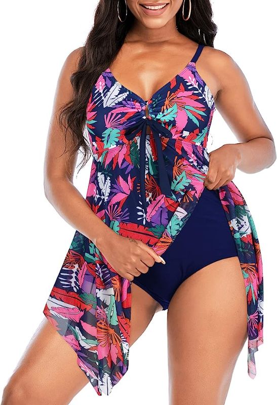 Photo 1 of AI'MAGE Halter Swim Dress for Women Tummy Control Bathing Suit Dress with Bottoms 2 Piece Swimsuit Tankini Set Rainbow XL