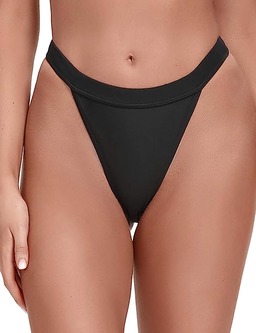 Photo 1 of Yilisha Women's Black Thong Bikini Bottoms Cheeky High Leg Swim Bottom High Cut Bathing Suit Bottoms ---med