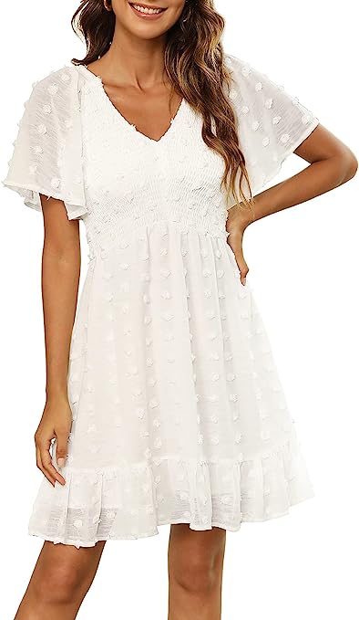 Photo 1 of Zattcas Womens 2023 Summer Smocked Dress Short Flutter Sleeve V Neck Swiss Dot Babydoll Ruffle Tiered Mini Dress--XL