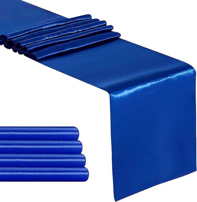 Photo 1 of YUHX Pack of 5 Satin Table Runner 12 x 108 Inches Long,Royal Blue Table Runners for Wedding, Birthday Parties, Banquets Decorations?Royal Blue, 5 Pack?
