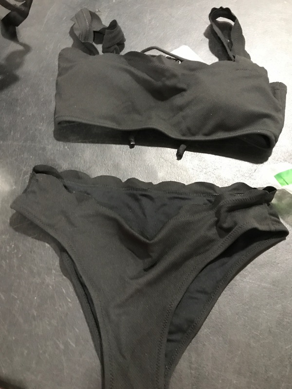 Photo 2 of ZAFUL High Waisted Swimsuits for Women Scalloped Bikini Sets Back Lace-Up Tankini Sets Tummy Control 3-black Medium