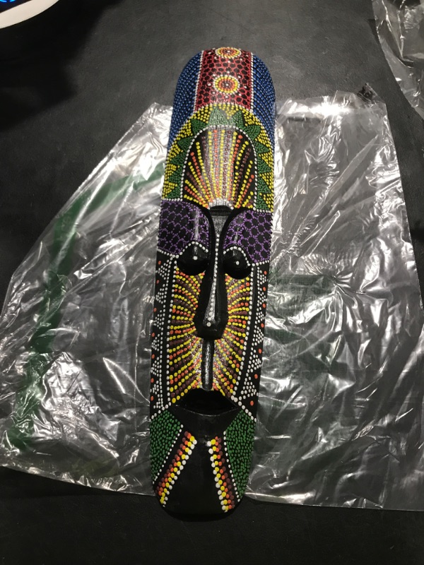 Photo 1 of 20" Jumbo Colorful African Style Hand Carved & Painted Aboriginal Dot Art Wooden Tribal Mask Tiki Wall Decor