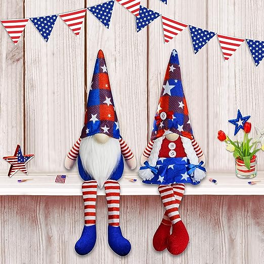 Photo 1 of 2Pcs 4th of July Patriotic Gnomes Plush-Mr & Mrs Handmade Swedish Tomte Gnomes Ornaments for Patriotic Party Table Decor? Fourth of July Party Home Mantle Fireplace Decor (Cylindrical hat)