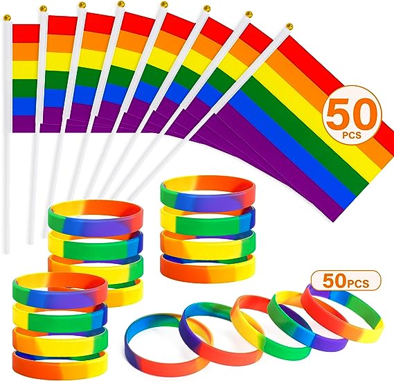 Photo 1 of 100PCS Pride Decorations, Pride Flags Pride Bracelets, Mini LGBTQ Rainbow Flags Wristband Bulk, Gay Pride Month Supplies Flags Bracelets, Lesbians Pride Accessories Stuff Set for Parade Party Decor