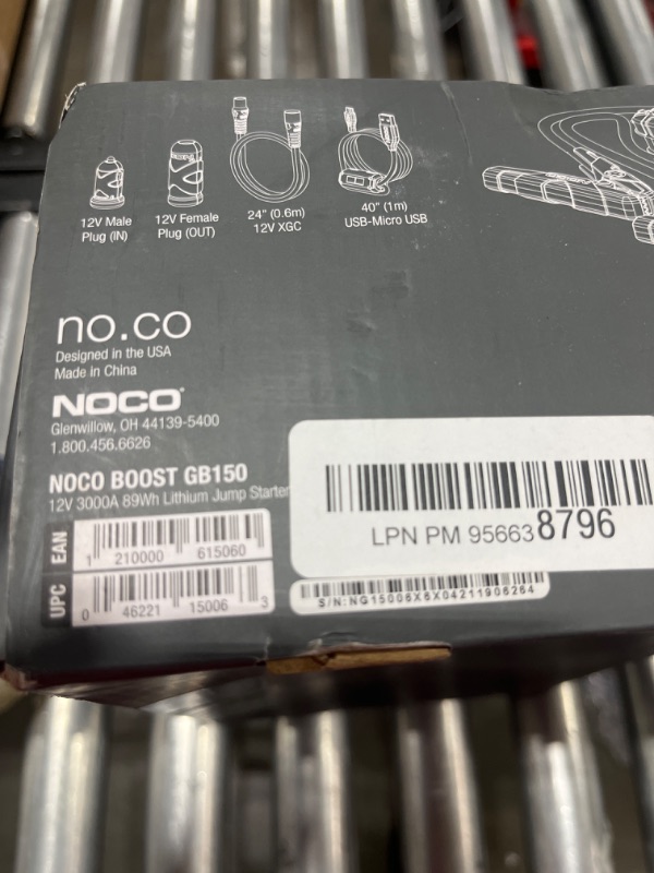 Photo 3 of MISSING POWER CORD - NOCO Boost Pro GB150 3000 Amp 12-Volt UltraSafe Lithium Jump Starter Box, Car Battery Booster Pack, Portable Power Bank Charger, and Jumper Cables for up to 9-Liter Gasoline and 7-Liter Diesel Engines