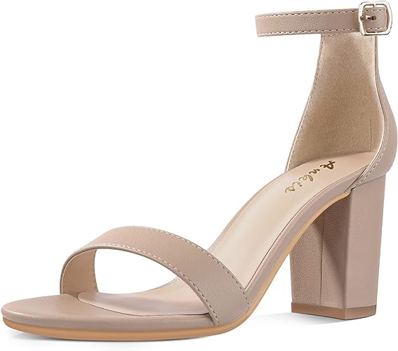 Photo 1 of Ankis Nude Black Silver Gold Heels for Women Open Toe Ankle Strap Chunky Heel Pump Sandals Party Wedding Strappy Buckle Sandals Standard Size 2.75 Inches Tall Thick Heel Design 9 Nude Pu