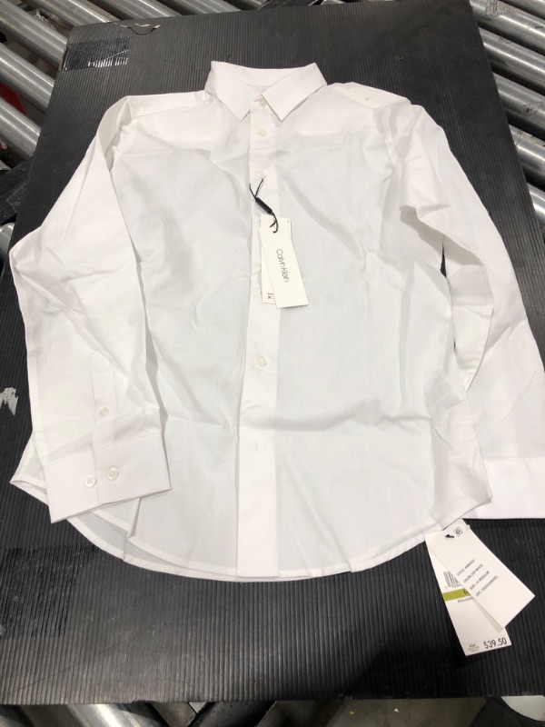 Photo 1 of Calvin Klein Boys' Long Sleeve Slim Fit Dress Shirt, Style with Buttoned Cuffs & Shirttail Hem size 14 White