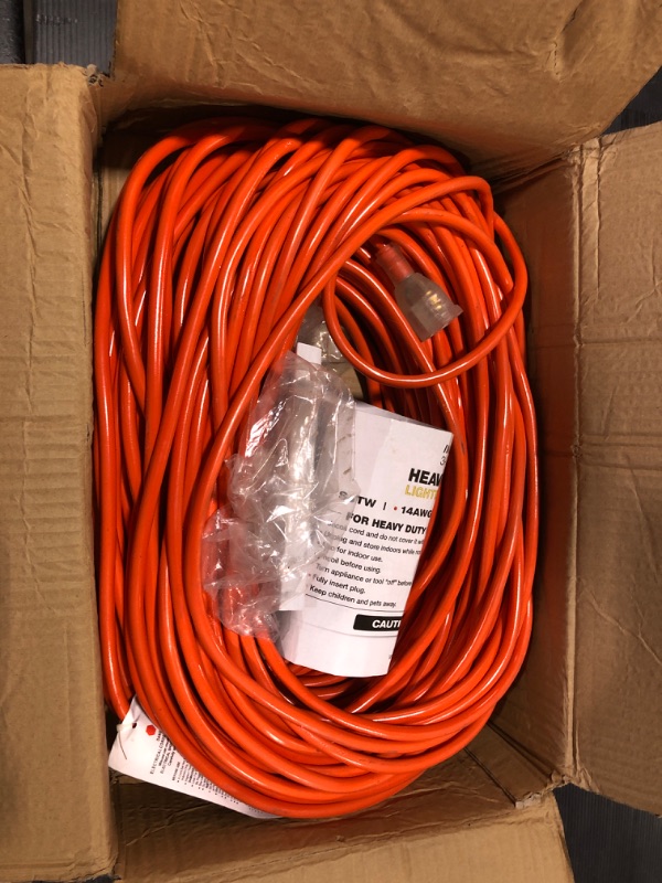 Photo 2 of 200 ft Power Extension Cord Outdoor & Indoor Heavy Duty 14 Gauge/3 Prong SJTW (Orange) Lighted end Extra Durability 7 AMP 125 Volts 875 Watts by LifeSupplyUSA Orange 200 ft