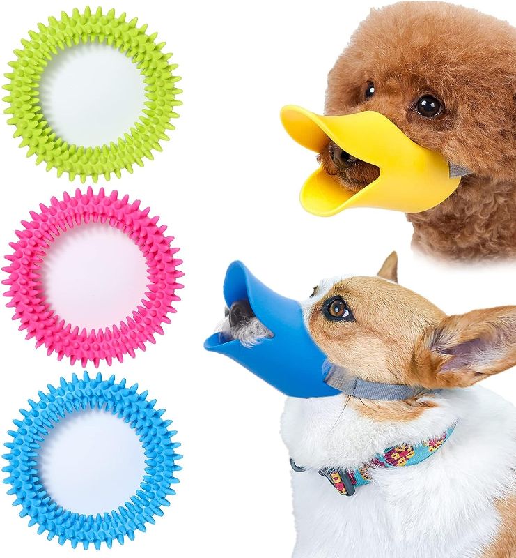 Photo 1 of 2Pcs Dog Mouse Muzzle with 3Pcs Chew Toys, Soft Silicone Duck Shape Dog Muzzle with Adjustable Shoulder Strap for Small Medium Dogs, Prevent Barking, Biting, Chewing and Poisoned Bait (M, yellow+blue)
