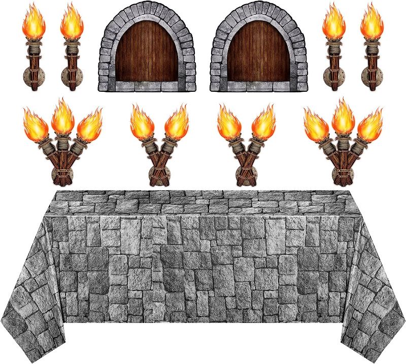 Photo 1 of 11 Pcs Medieval Scene Setter Set Window Torch Props Party Accessory Plastic Brick Tablecloth Knight Themed Castle Decorations Medieval Party Decorations for Party Table Wall Decor (Rustic Window) 