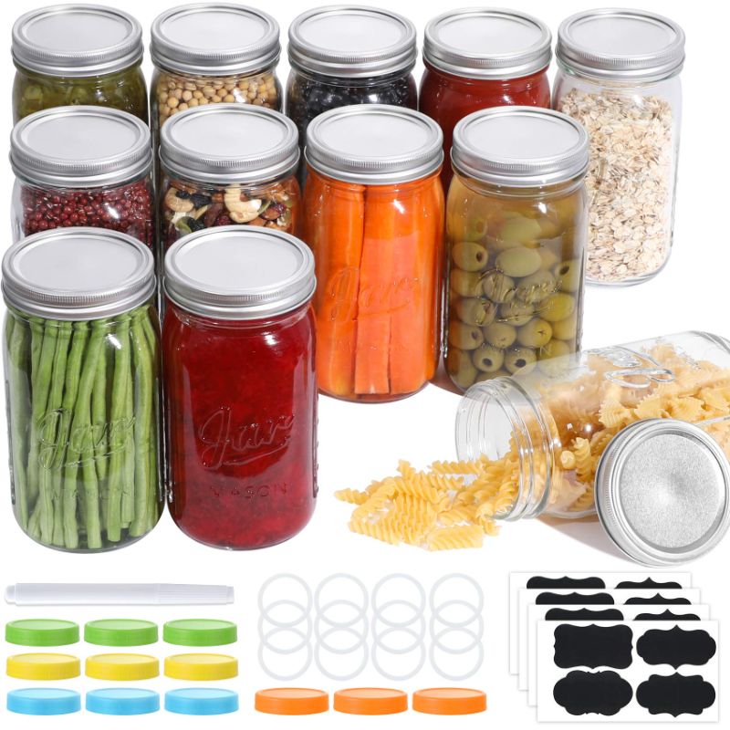 Photo 1 of 12 Pcs Wide Mouth Mason Jars 32 Oz, Large Canning Jars with Lids and Bands, Colored Plastic Jar Lids, Blank Labels and Chalk Marker, Leak-Proof Airtight Lids for Food Storage, Canning, Favors 32 Ounce