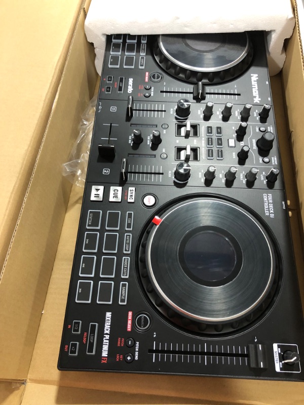 Photo 2 of DJ Controller Bundle - DJ Set with 4 Decks, DJ Mixer, Audio Interface, Jog Wheel Displays, FX and DJ Headphones - Numark Mixtrack Platinum FX and HF175 4 Decks