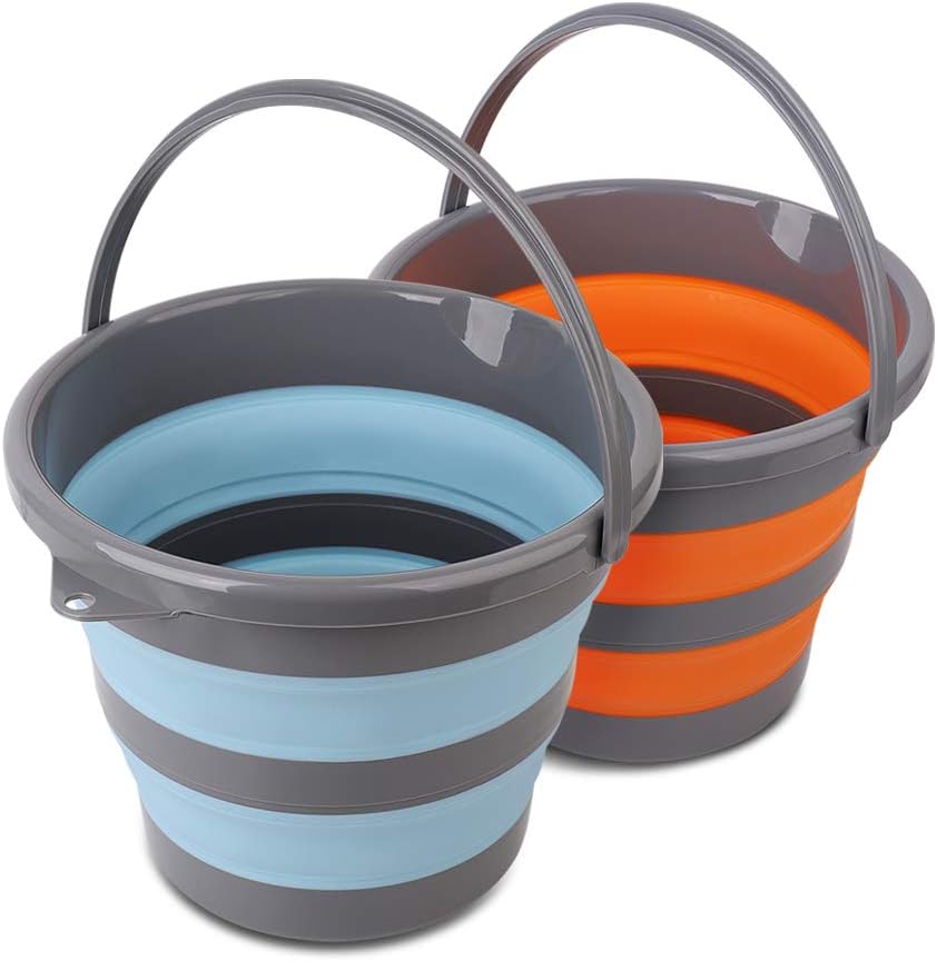 Photo 1 of 2 Pack Collapsible Plastic Bucket with 2.6 Gallon (10L) Each, Foldable Round Tub for House Cleaning, Space Saving Outdoor Waterpot for Garden or Camping, Portable Fishing Water Pail (Blue & Orange) 