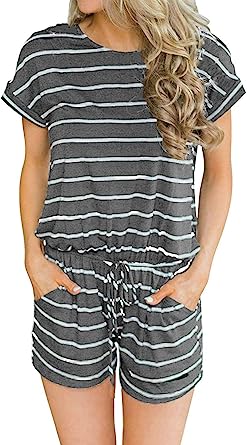 Photo 1 of Artfish Women's Summer Striped Lounge Shorts Rompers Pajamas Short Sleeve Jumpsuit 